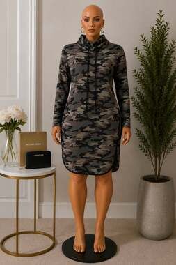 Riley James Women's Camouflage Print Hooded Sweatshirt Mini Dress